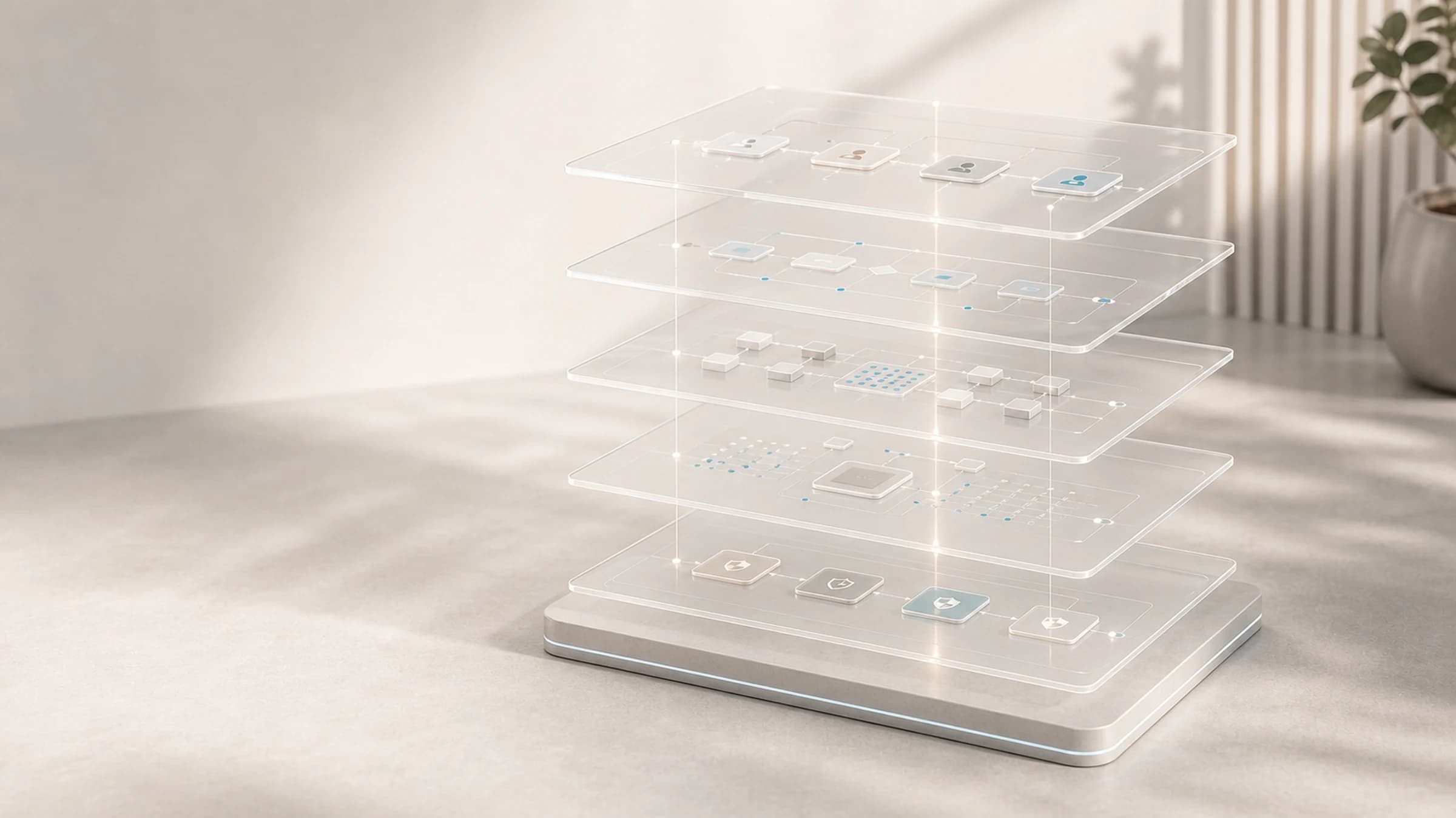 Camadas translúcidas de arquitectura operacional conectadas por pontos de dados.
